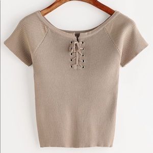 Khaki Lace Up Front Ribbed Knitted T-Shirt